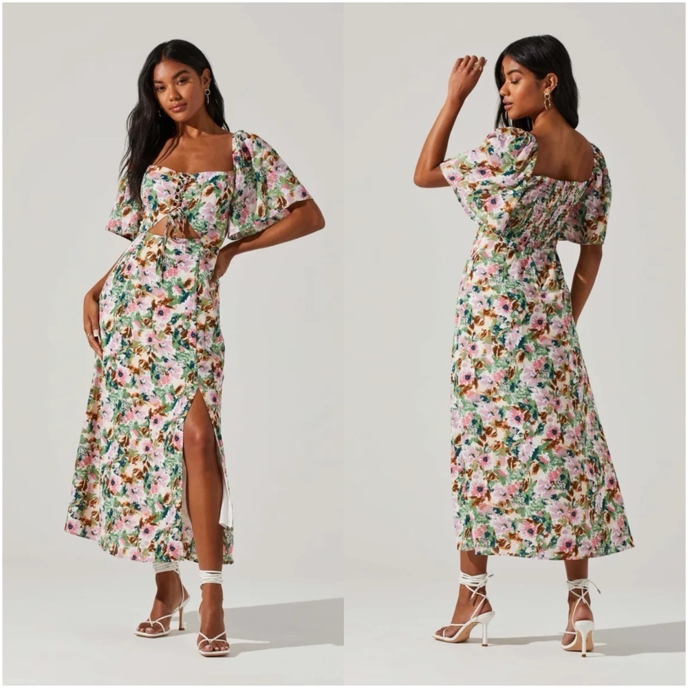 ASTR Lace Up Floral Flutter Sleeve Cut Out Midi Dress